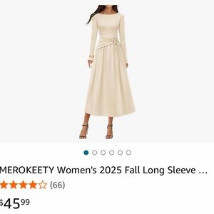 MEROKEETY Women's Elegant Long Sleeve Cream Dress
